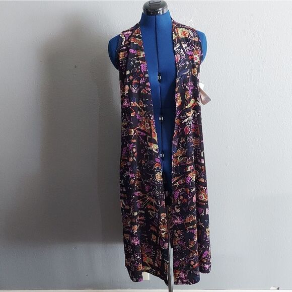 XS LuLaRoe Joy Duster Vest Floral Purple Cream Green Red on Black SILKY NWT - Picture 1 of 6